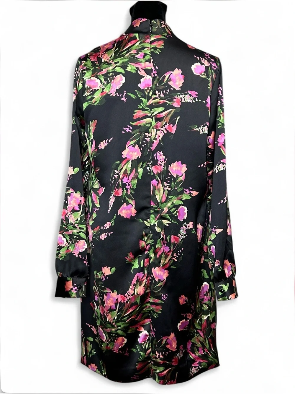 Eva Mendez Black Floral Satin Shift Dress - Pink & Green Blooms Long Sleeves NWT